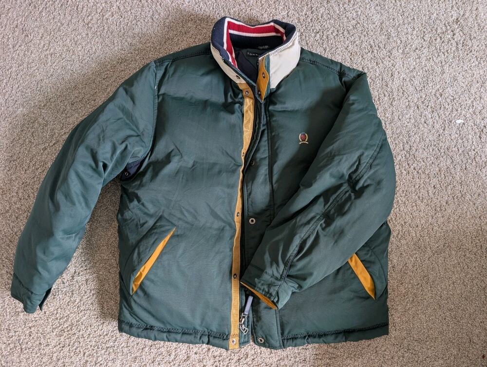 Puffer Jacket Vintage 90s Tommy Hilfiger Mens Large Green Yellow Crest Logo...